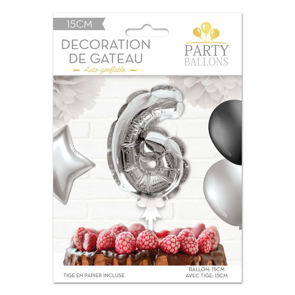 BALLON CHIFFRE 6 TIGE PAPIER GÂTEAU 15CM ARGENT