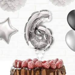 BALLON CHIFFRE 6 TIGE PAPIER GÂTEAU 15CM ARGENT