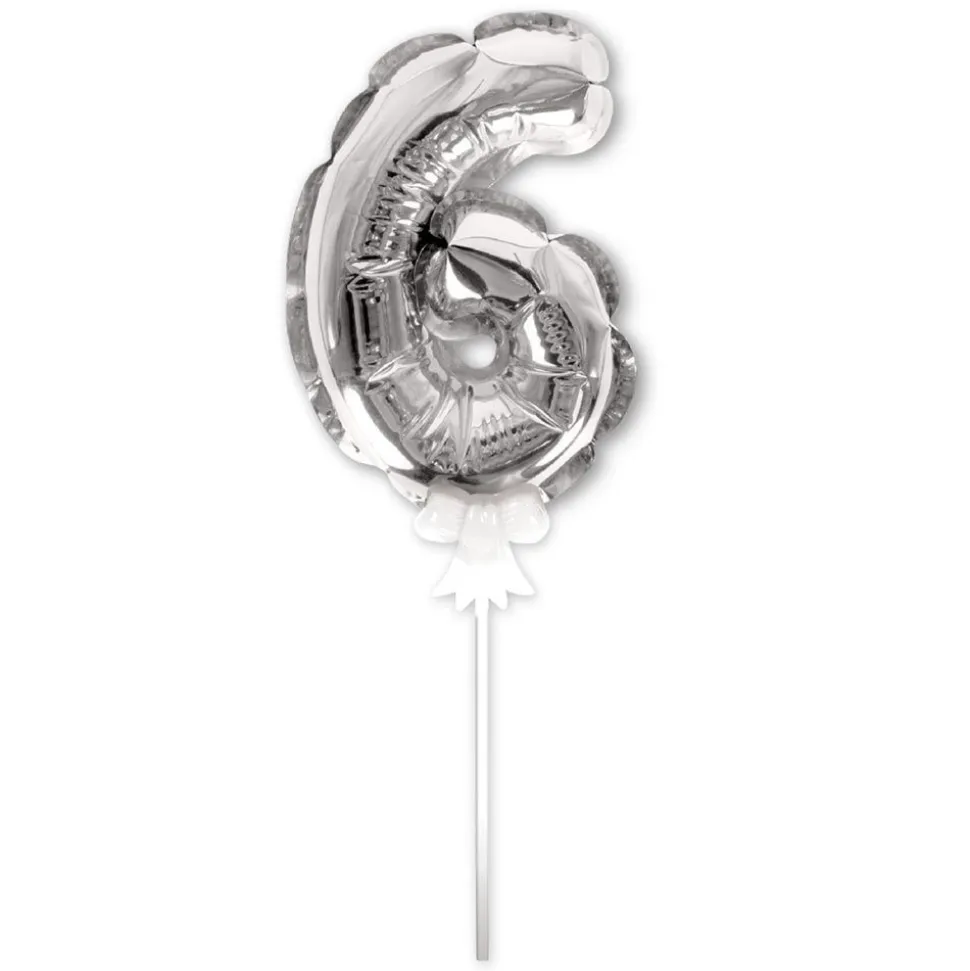 BALLON CHIFFRE 6 TIGE PAPIER GÂTEAU 15CM ARGENT