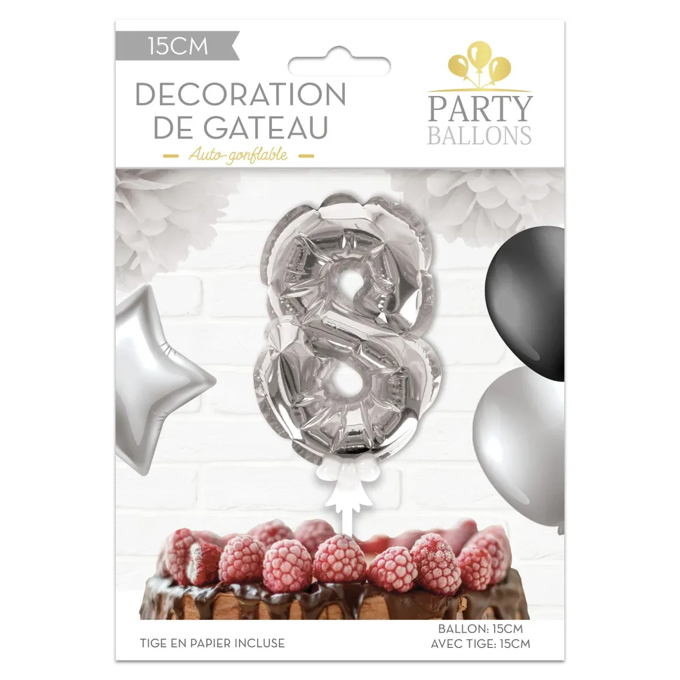 BALLON CHIFFRE 8 TIGE PAPIER GÂTEAU 15CM ARGENT