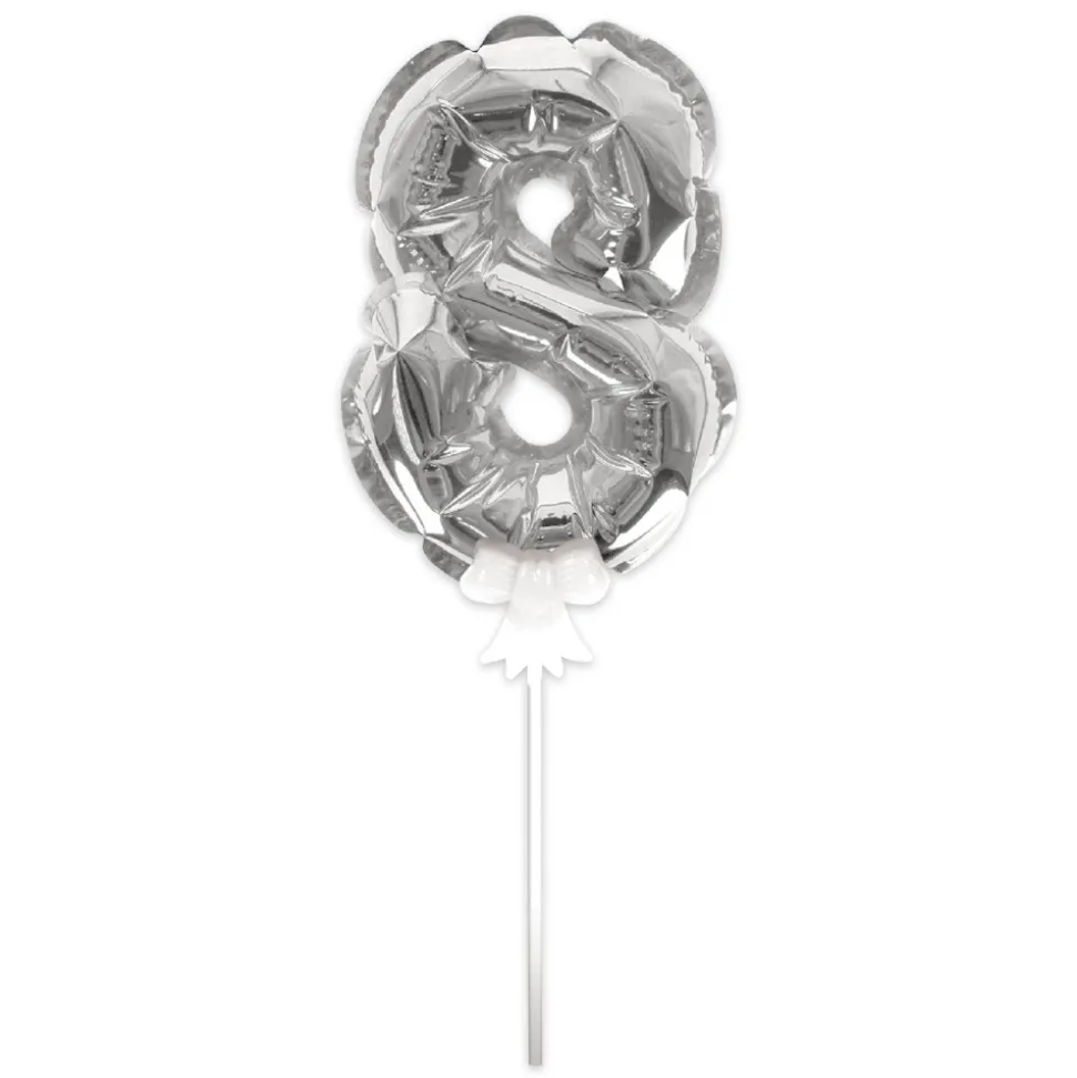 BALLON CHIFFRE 8 TIGE PAPIER GÂTEAU 15CM ARGENT