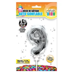 BALLON CHIFFRE 9 TIGE PAPIER GÂTEAU 15CM ARGENT