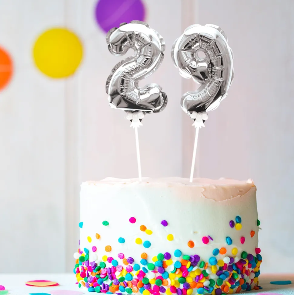 BALLON CHIFFRE 9 TIGE PAPIER GÂTEAU 15CM ARGENT