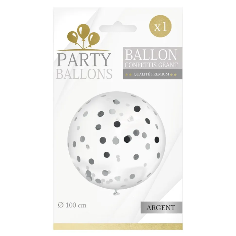 BALLON GÉANT LATEX À CONFETTIS 1M ARGENT