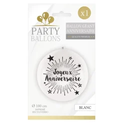 BALLON GÉANT LATEX JOYEUX ANNIVERSAIRE 1M BLANC