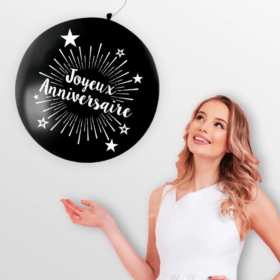 BALLON GÉANT LATEX JOYEUX ANNIVERSAIRE 1M NOIR