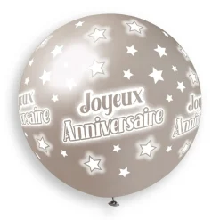 BALLON GÉANT ROND BIO ANNIVERSAIRE 80CM ARGENT