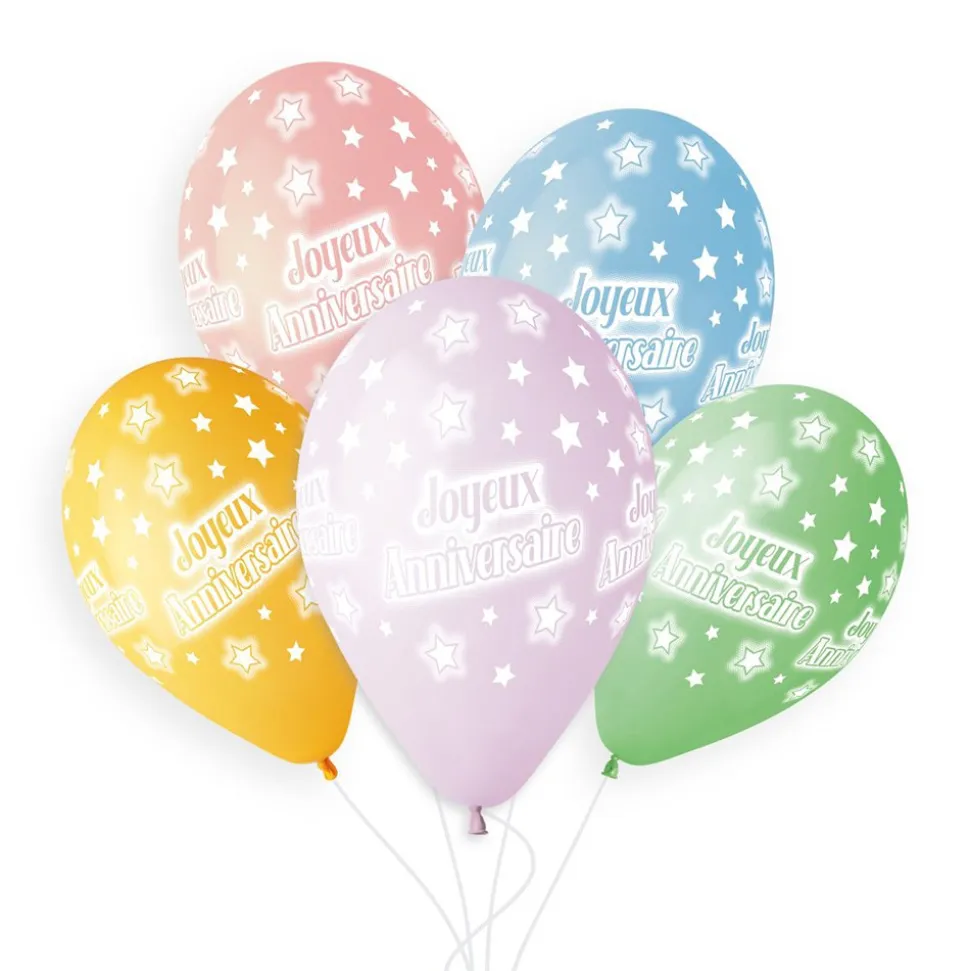 5 BALLONS BIO ANNIVERSAIRE 33CM PASTEL MULTICOLORE