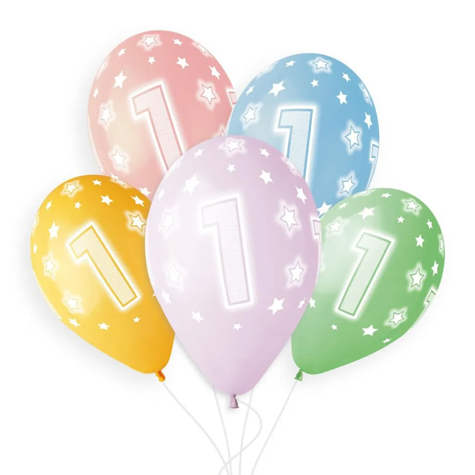 5 BALLONS BIO CHIFFRE 1 33CM PASTEL MULTICOLORE