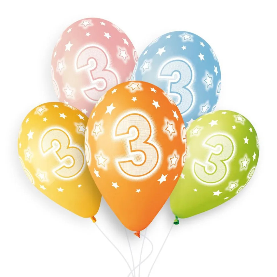 5 BALLONS BIO CHIFFRE 3 33CM PASTEL MULTICOLORE