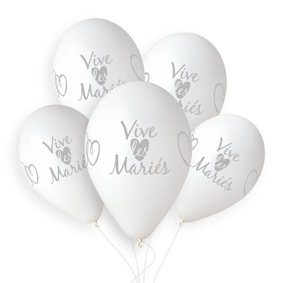 5 BALLONS BIO VIVE LES MARIÉS 33CM BLANC