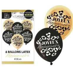 6 BALLONS LATEX ANNIVERSAIRE LÉOPARD 30CM OR NOIR