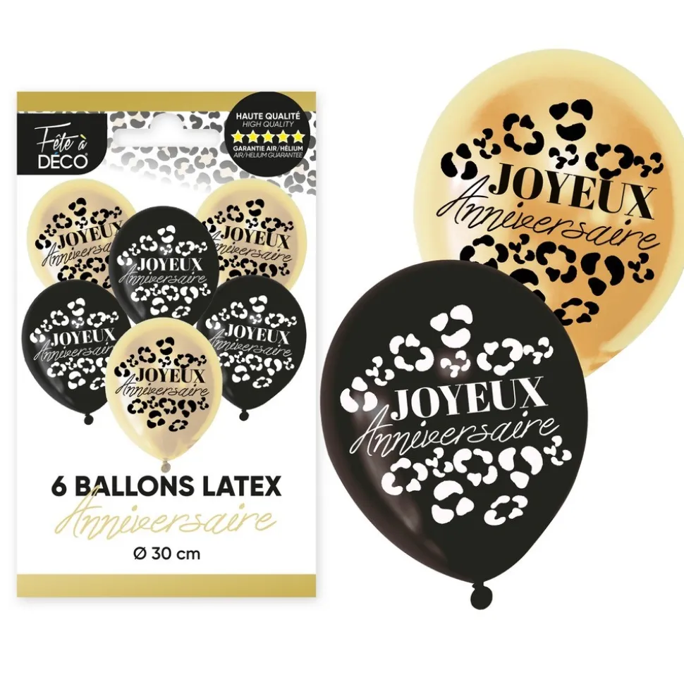 6 BALLONS LATEX ANNIVERSAIRE LÉOPARD 30CM OR NOIR