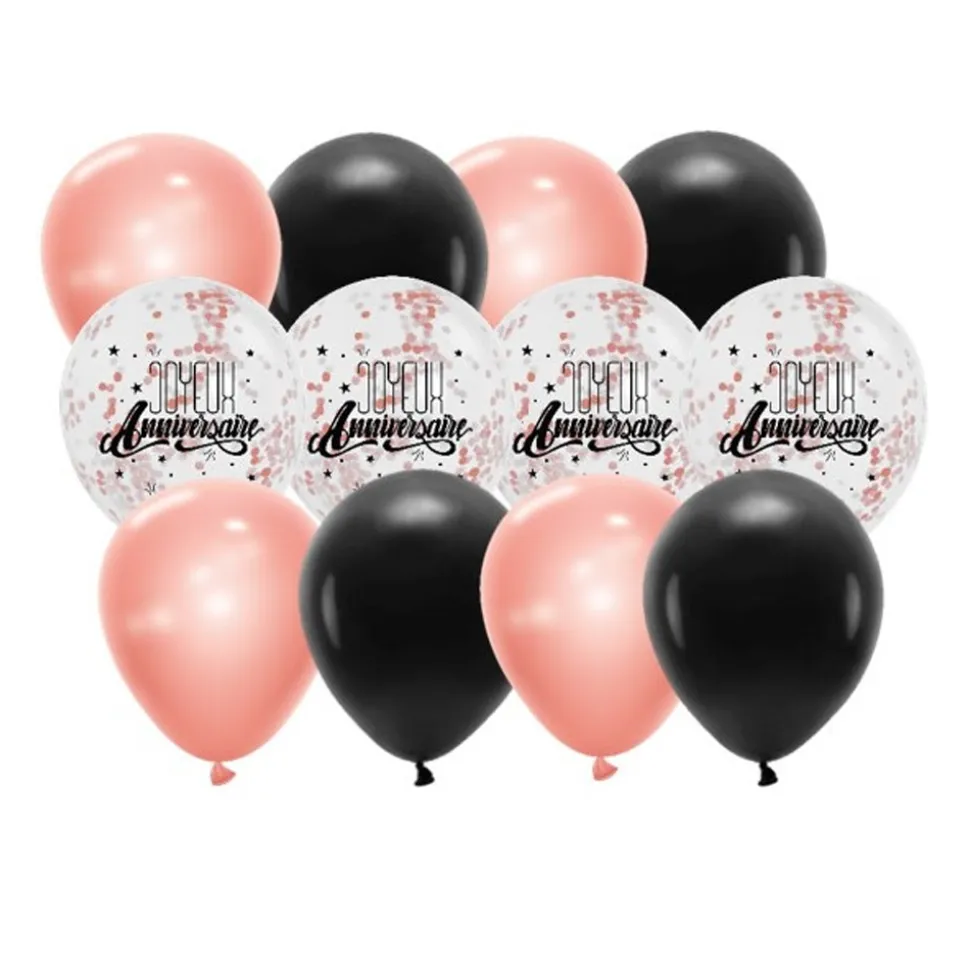 12 BALLONS LATEX BIO CONFETTIS ANNIVERSAIRE ROSE