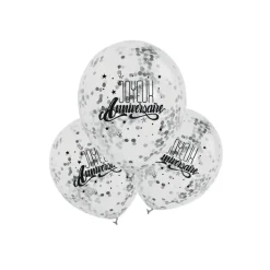 3 BALLONS LATEX BIO CONFETTIS ANNIVERSAIRE ARGENT