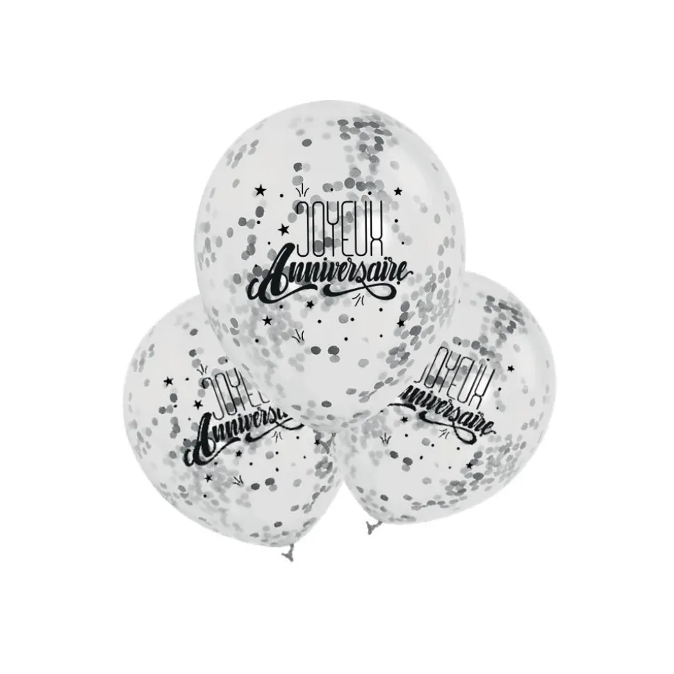 3 BALLONS LATEX BIO CONFETTIS ANNIVERSAIRE ARGENT