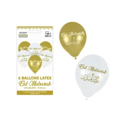 6 BALLONS LATEX EID MUBARAK 30CM BLANC OR