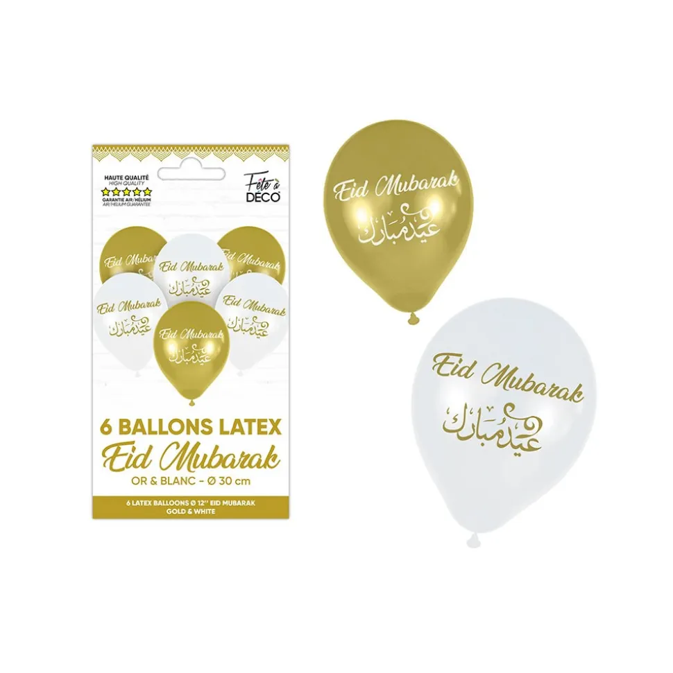 6 BALLONS LATEX EID MUBARAK 30CM BLANC OR