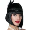 BANDEAU CHARLESTON SEQUINS PLUMES 20CM NOIR