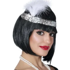 BANDEAU CHARLESTON SEQUINS PLUMES 20CM ARGENT