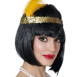 BANDEAU CHARLESTON SEQUINS PLUMES 20CM OR
