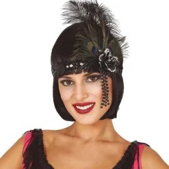 BANDEAU À SEQUINS NOIR AVEC PLUMES PAON FEMME
