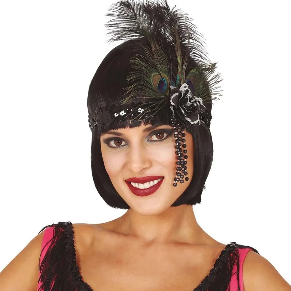 BANDEAU À SEQUINS NOIR AVEC PLUMES PAON FEMME