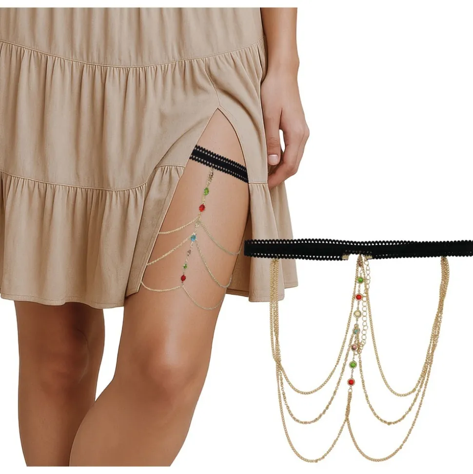 BIJOUX JAMBE CHAÎNE DORÉE PIERRES COLORÉES ADULTE
