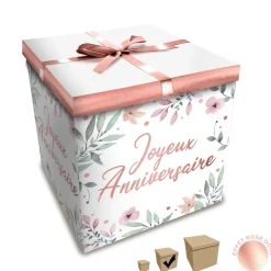 BOÎTE CADEAU FLEUR JOYEUX ANNIVERSAIRE 20X20CM ROSE