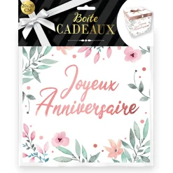 BOÎTE CADEAU FLEUR JOYEUX ANNIVERSAIRE 20X20CM ROSE