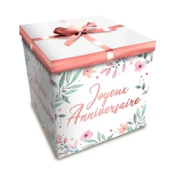 BOÎTE CADEAU FLEURS JOYEUX ANNIVERSAIRE 30X30CM ROSE