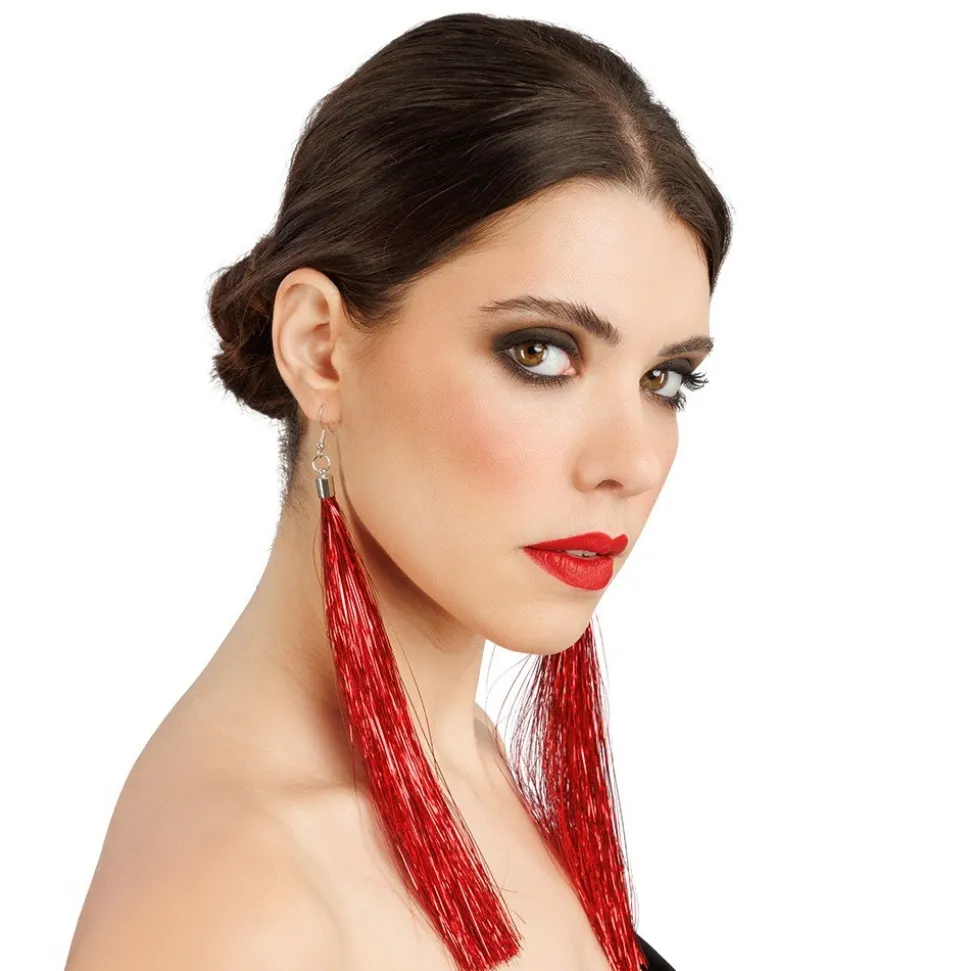 BOUCLES OREILLES FRANGES FIL MÉTAL 17CM ROUGE