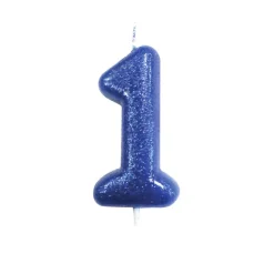 BOUGIE CHIFFRE 1 ANNIVERSAIRE 7CM PAILLETÉ BLEU