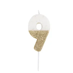 BOUGIE CHIFFRE 9 CIRE 7.5CM BLANC PAILLETÉ OR
