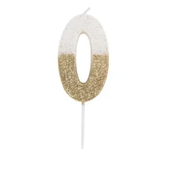 BOUGIE CHIFFRE 0 CIRE 7.5CM BLANC PAILLETÉ OR