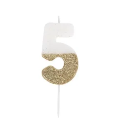 BOUGIE CHIFFRE 5 CIRE 7.5CM BLANC PAILLETÉ OR
