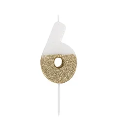 BOUGIE CHIFFRE 6 CIRE 7.5CM BLANC PAILLETÉ OR