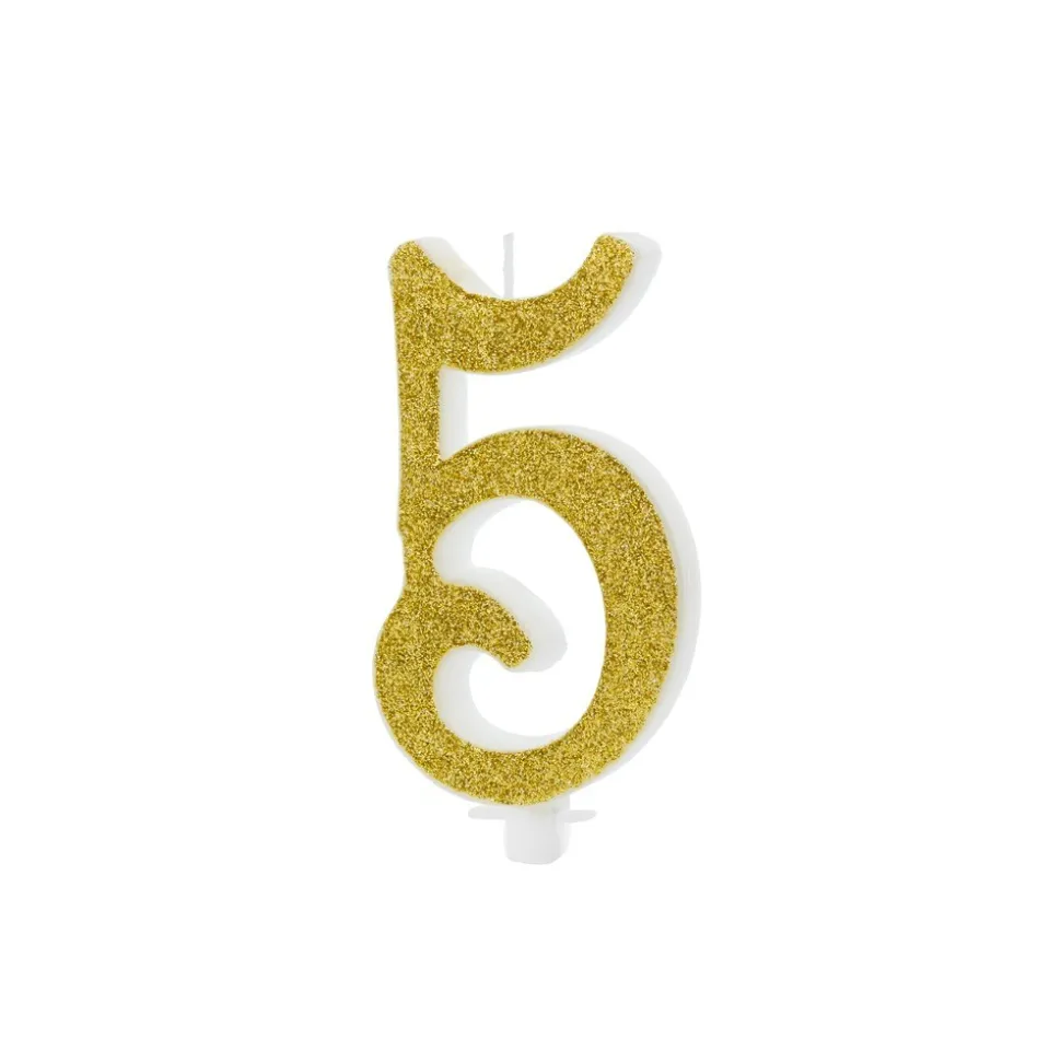 BOUGIE CHIFFRE 5 CIRE PAILLETTES 10CM OR