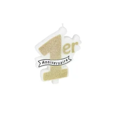 BOUGIE 1ER ANNIVERSAIRE BOBÈCHE 10X8CM OR PAILLETÉ