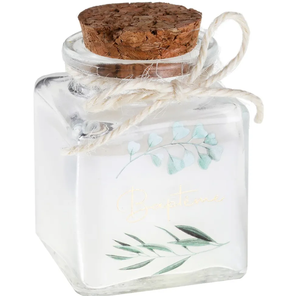 BOUGIE POT VERRE LIÈGE BAPTÊME FEUILLAGE OR 4X6CM