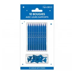 10 BOUGIES AVEC BOBÈCHES ANNIVERSAIRE 7.5CM BLEU