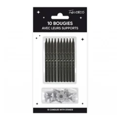 10 BOUGIES AVEC BOBÈCHES ANNIVERSAIRE 7.5CM NOIR
