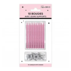 10 BOUGIES AVEC BOBÈCHES ANNIVERSAIRE 7.5CM ROSE
