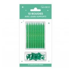 10 BOUGIES AVEC BOBÈCHES ANNIVERSAIRE 7.5CM VERT