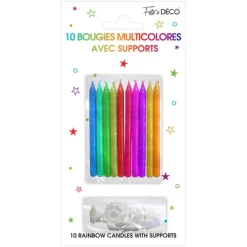 10 BOUGIES AVEC SUPPORTS 7.5CM MULTICOLORE