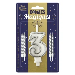 BOUGIES CHIFFRE 3 MÈCHE MAGIQUE 11CM BLANC