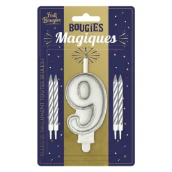 BOUGIES CHIFFRE 9 MÈCHE MAGIQUE 11CM BLANC