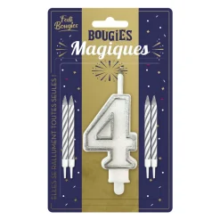 BOUGIES CHIFFRE 4 MÈCHE MAGIQUE 11CM BLANC