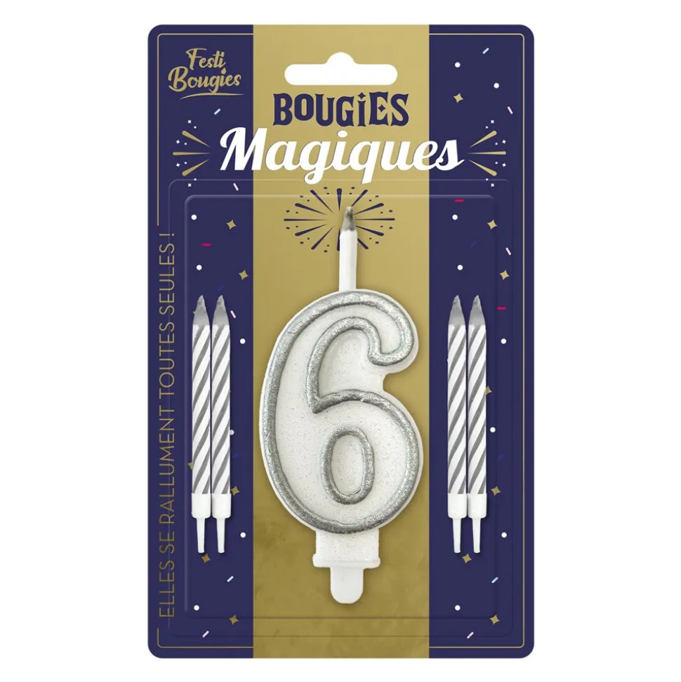 BOUGIES CHIFFRE 6 MÈCHE MAGIQUE 11CM BLANC
