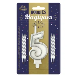 BOUGIES CHIFFRE 5 MÈCHE MAGIQUE 11CM BLANC